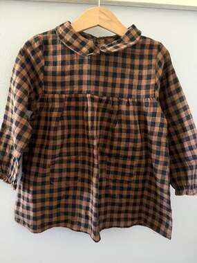 Búho Clementine Gingham Check Baby Dress with Collar, Brown and Black